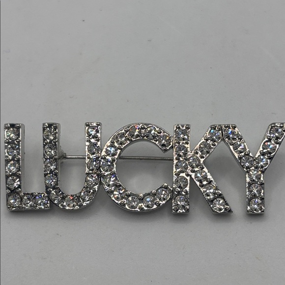 Silver tone 'LUCKY' Rhinestone Brooch pin statement piece blingy shiny night out - Picture 6 of 8